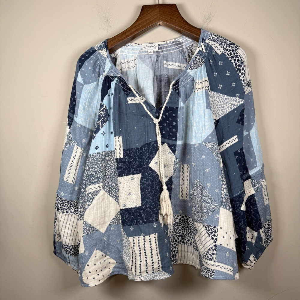 Wonderly Blue/Cream Boho Patchwork 100% Cotton Blouse XL